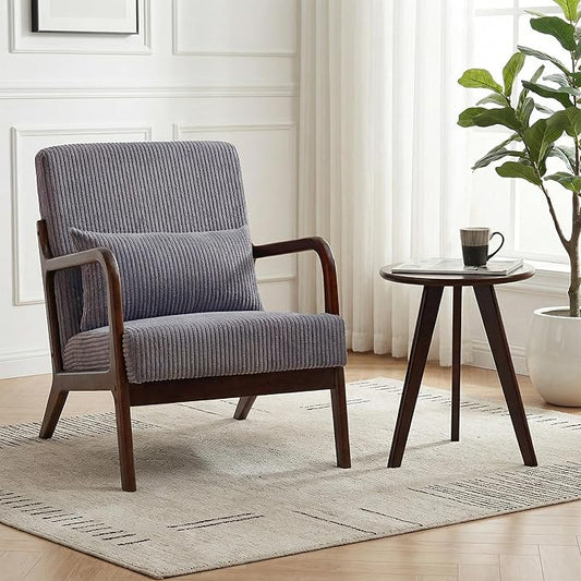 Accent Chair with Side Table Comfy Arm Chair with Solid Wood Frame Upholstered Mid-Century Modern Chair for Living Room Bedroom Waiting Room Dark Grey