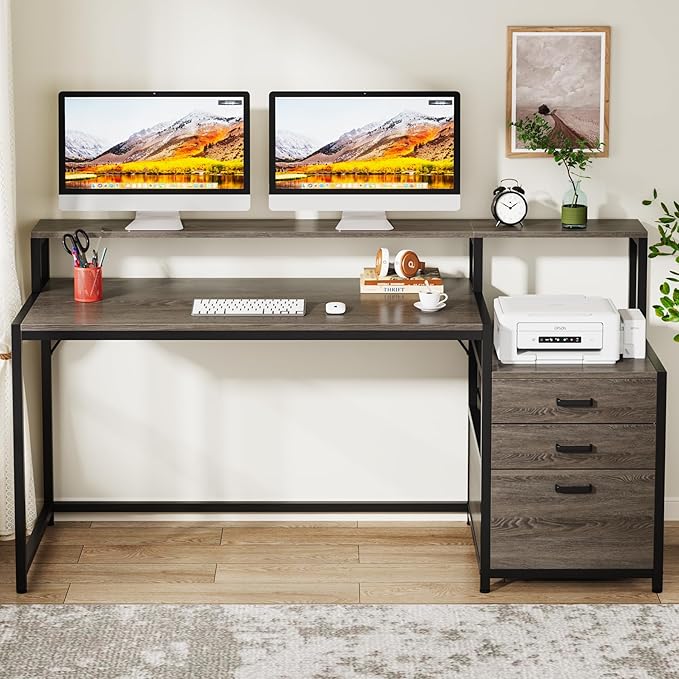 LITTLE TREE 63 Inch Computer Desk with File Drawer Cabinet Home Office Desks with Ergonomic Monitor Stand
