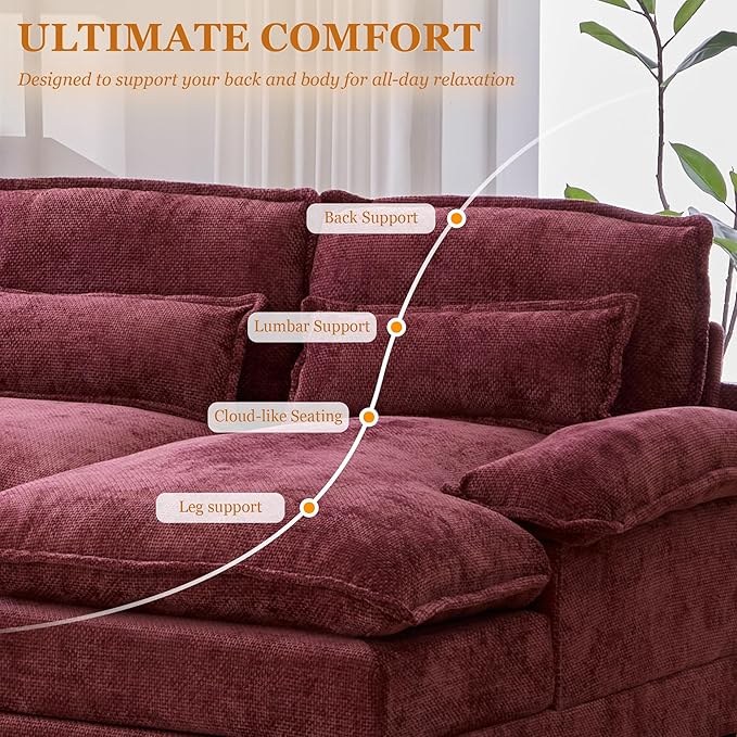 126 Modular Sectional Sofa with Storage Console Cloud Couch Chenille U-Shaped Sofa Cup Holders &amp Wireless Charger Memory Foam Double Chaise for Living Room Office Red