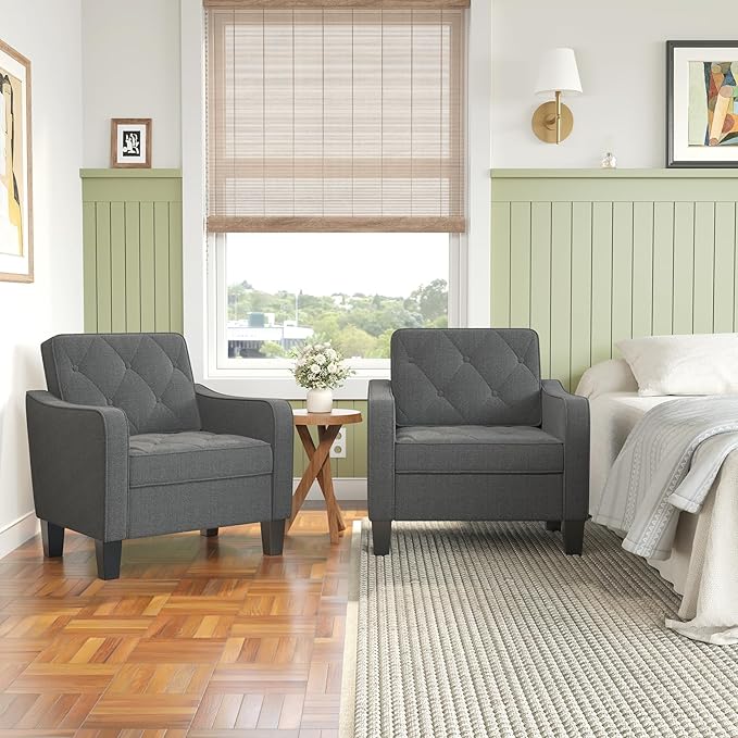 STHOUYN Living Room Chairs Grey Accent Chairs Set of 2 Waiting Room Arm Chairs Reading Chairs for Bedroom Comfy Club Chair Tufted Office Small Space (2 Grey)