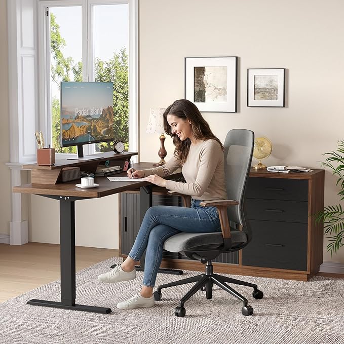 ONBRILL Home Office Furniture Set 63'' Standing Desk with 55'' File Cabinet Electric Height Adjustable Executive Workstation with Monitor Stand for Home Office Walnut