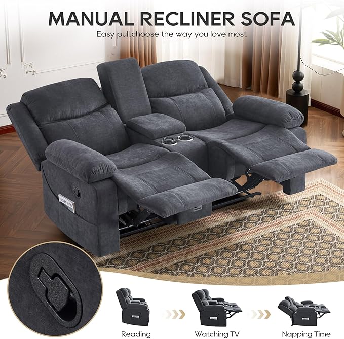 Recliner Sofa Reclining Loveseat Sofa with Massage &amp Heat Reclining Couch with Side Pockets Extra Storage Cup Holders for Living Room