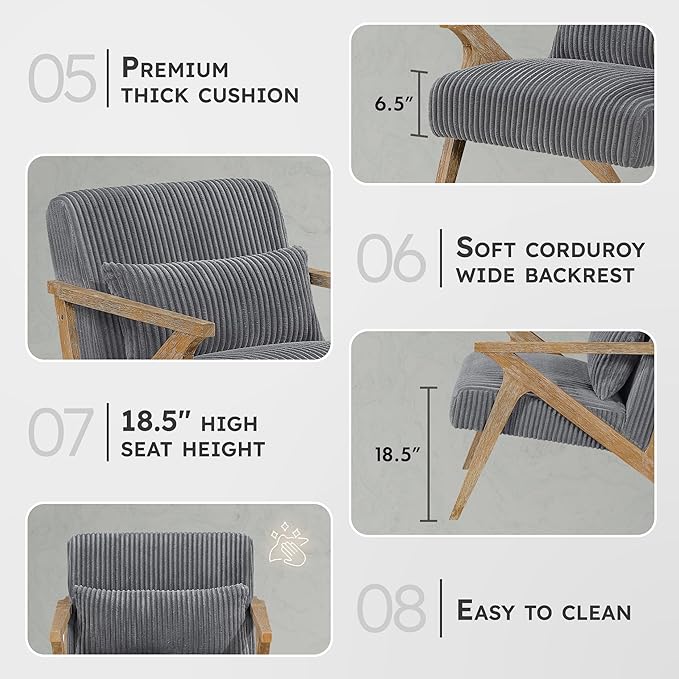 Lexicon Mid Century Modern Accent-Chair with Lumbar Pillow Brown Solid Wood Frame Comfy Corduroy Upholstered Lounge Arm Chair for Living Room/Bedroom/Office/Reading Nook Assembly Required Grey