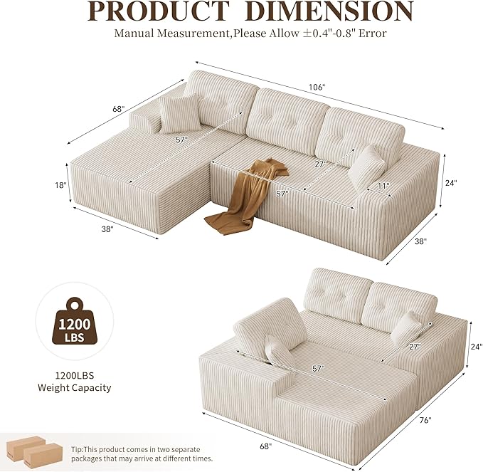 Ball &amp Cast 106 Boneless Sectional Sofa Corduroy Modular L Shaped Couch with Deep Seat Chaise Cloud Style Oversized Sectional Couch for Living Room No Assembly Left Facing Beige