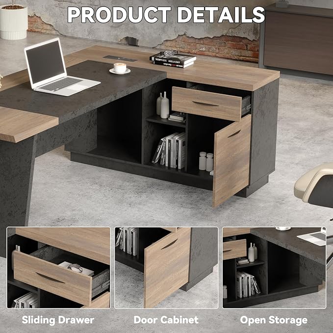 L Shape Executive Desk Large Office Desk with Drawers &amp Shelves 78.74 Inches Industrial Wooden Desk with Storage Modern Computer Desk for Home Office Black and Brown Left Side