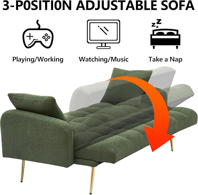 Comfy Futon Sofa Bed with 2 Pillows White Futon Couch Bed with Gold Legs Small Convertible Sofa Bed Couch for Living Room Modern Loveseat for Bedroom Curved Arms Plush Tufted-ShapedTeddy (Green)