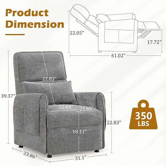 Power Recliner Chair Recliner Chairs for Adults with Memory Function Small Recliners for Small Spaces Electric Reclining Chair with Side Pockets Remote and Pillow Living Room Chenille