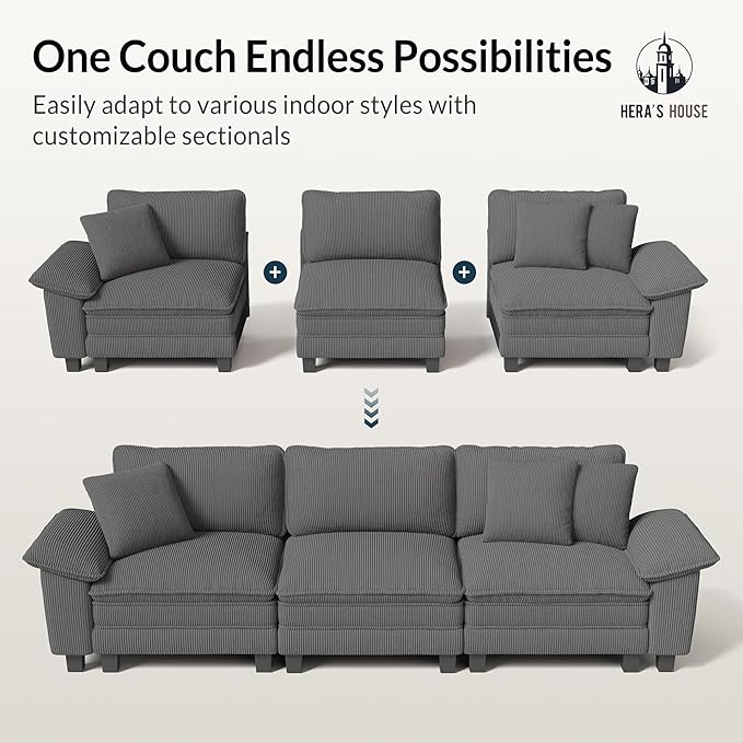 HERA'S HOUSE 158 Modular Sectional Sofa Oversized L Shaped Couches for Living Room Comfy Cloud Couch with Ottoman 5-Seater Deep Seat Sofa with Throw Pillow Corduroy Grey