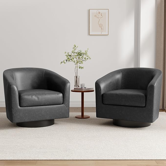 Lumibee Faux Leather Swivel Barrel Chairs Upholstered Comfy Round Swivel Accent Chair 360° Rotation Single Sofa Club Armchair for Living Room Reading Room Bedroom Black