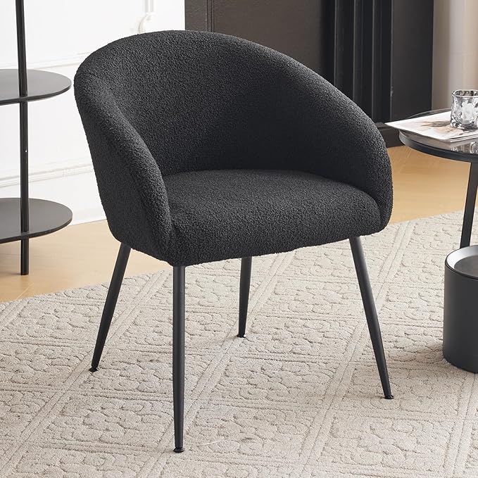 Modern Small Accent Chair Comfy Sherpa Makeup Vanity Chair with Metal Legs Decorative Chair no Wheels for Living Room Dressing Room Bedroom Black