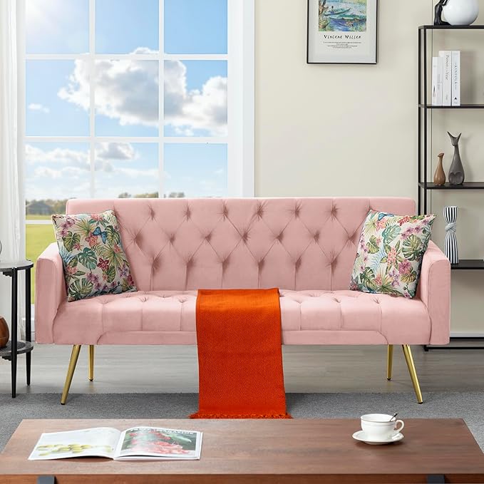 68.5” Futon Sofa Bed Convertible Futon Couch with Adjustable BackrestFolding Sofa Bed with 2 Pillows &amp Metal Legs Sleeper Loveseat with Armrest for Home Office (Pink)