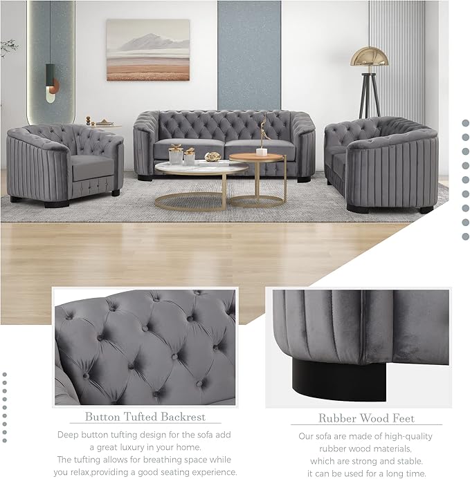 64.3 Velvet Upholstered Loveseat SofaModern Loveseat Sofa with Thick Removable Seat Cushion for Living RoomBedroomor Small SpaceGrey