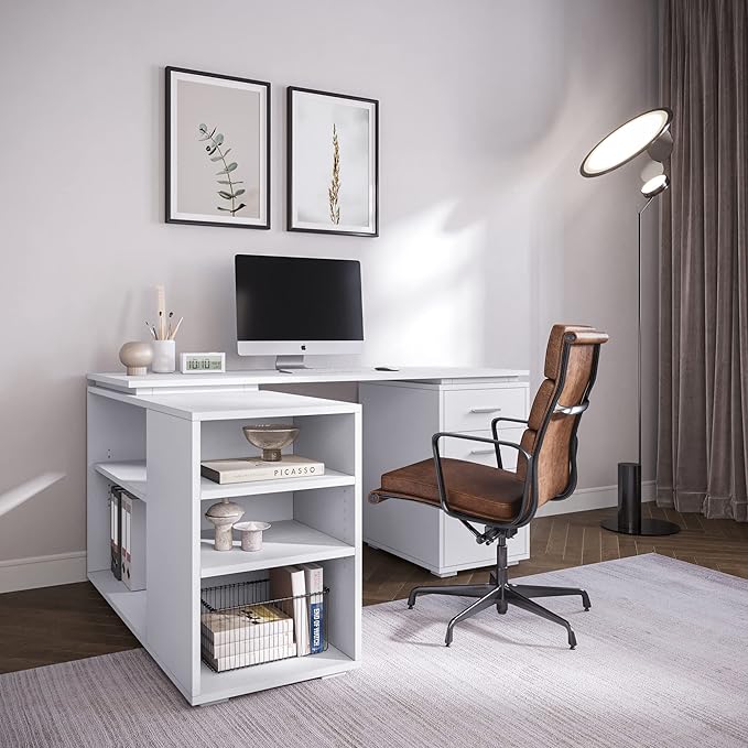 BELLEZE L Shaped Computer Desk 60” Study Writing Table Home Office Desk Morden Corner Workstation Setup with Adjustable Storage Shelves and 3 Drawers White