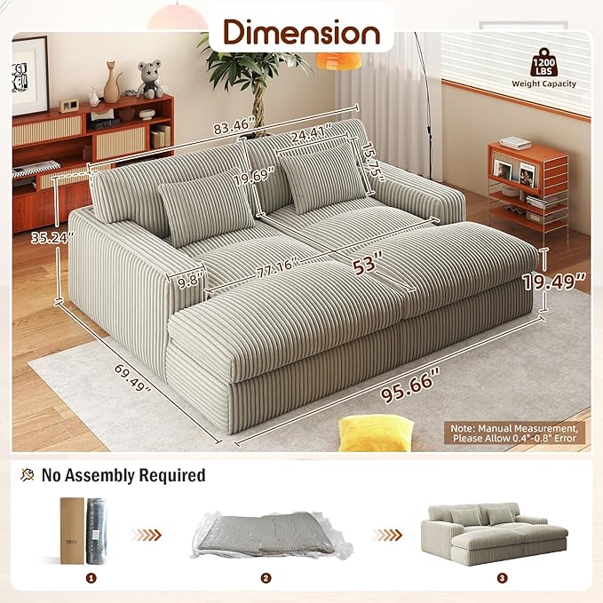 Cloud Couch Sofa Bed Oversized Chaise Lounge Chair Indoor 95.6” W Double Boneless Corduroy Upholstered Reading Chair Fluffy Sleeper Sofa Couches for Living Room No Assembly Required (Grey)