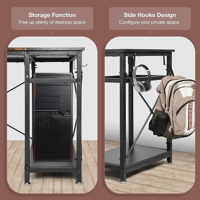 LUCKYERMORE 47 Inch Home Office Computer Desk Small Study Writing Desk with Storage Shelves &amp 4 Hooks Rustic Black Design Perfect for Small Spaces