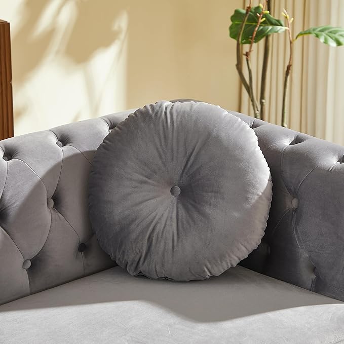 ERYE 82-Inch Button Tufted Sofa Couch with 2 Round Pillows 3 Seat Velvet Tufted Sofa Spacious Chesterfield Loveseat Couches W/Nailhead DecorRing Accent &amp Golden Legs