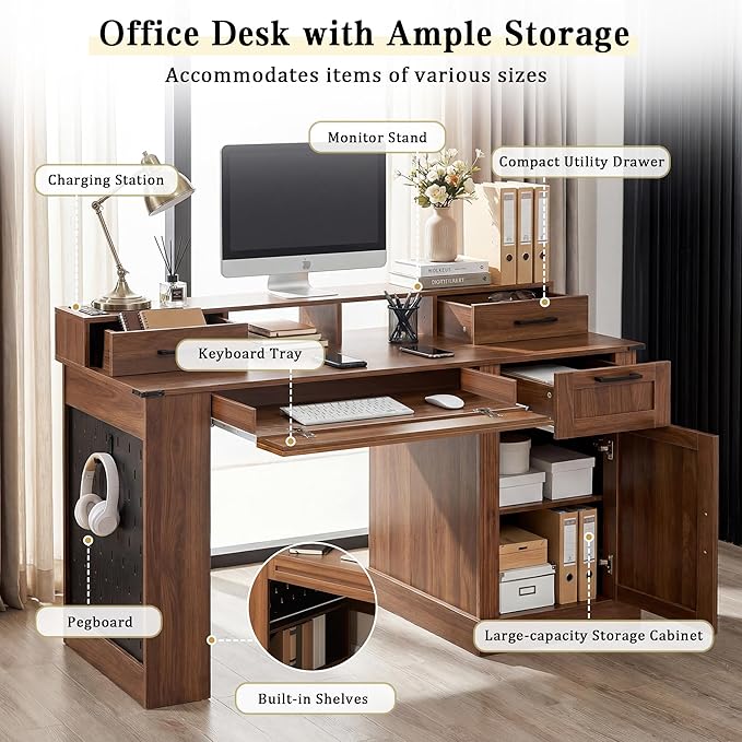 55 Farmhouse Computer Desk with Power Outlets Removable Monitor Stand with Drawers Convertible Keyboard Tray &amp Storage Cabinet Home Office Writing Desk with Pegboard Organizer