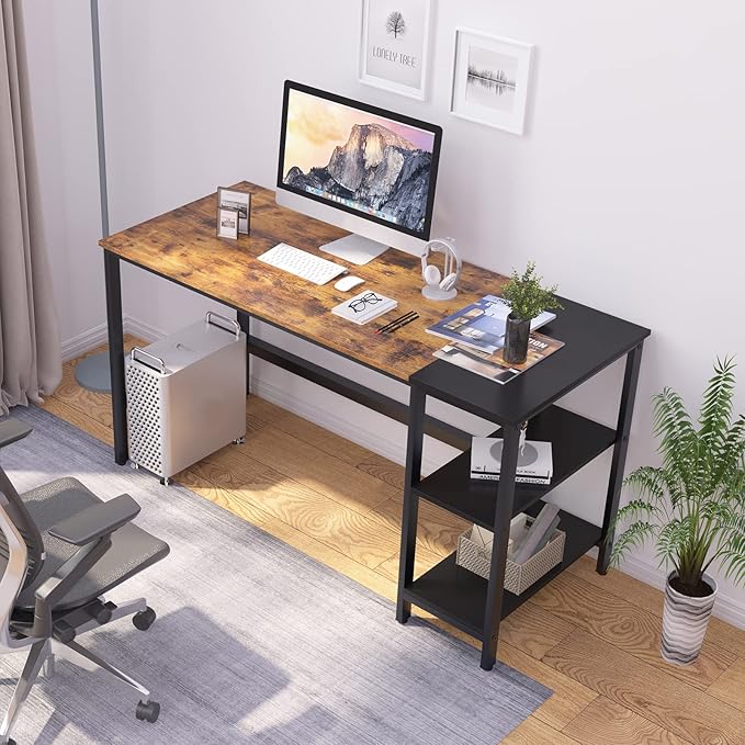 soges 55.1 Inch Home Office Computer Desk Study Writing Table Desk with with Splice Board Wooden Study Working Table Desk with 2-Tier Storage ShelfModern Laptop PC TableCXYM-PB001B-140