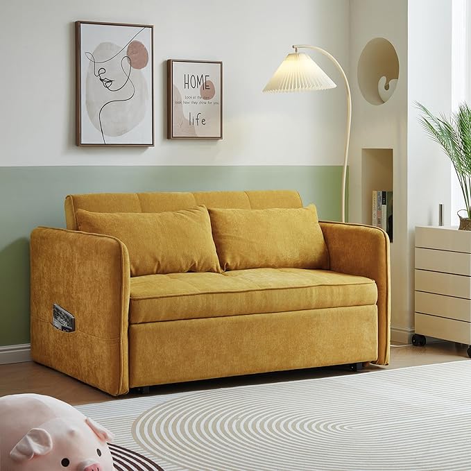 JULYFOX Yellow Pull Out Sofa Sleeper Bed 53.5 inch Wide Loveseat Couch Sleeper with Armrest 2 Throw Pillows Heavy Duty Design for Small Spaces
