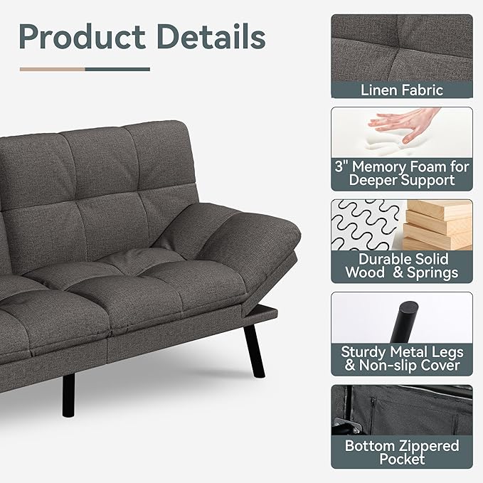 Opoiar Convertible Futon Sofa Bed Grey Linen Futon Couch with Adjustable Backrest &amp Armrests Folding Small Recliner Sleeper Sofa Bed for Living Room Apartment Office