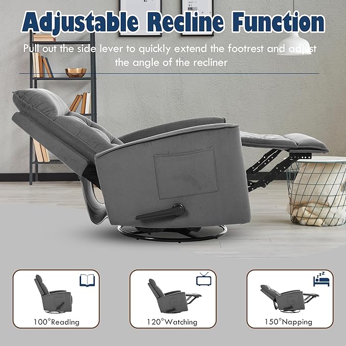 Manual Rocker Recliner Chair Nursery Glider Chair for Adult with High Back&ampDeep Seat Swivel Rocking Recliner Chair for Living Room Bedroom RV Nursing Grey