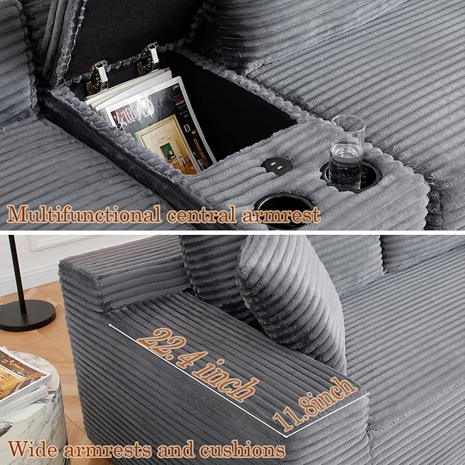 125 Oversized U-Shaped Cloud Sectional Couch 6-Seater Modular Sectional Sofa with USB Ports/Storge Console/Cup Holder Modern Deep Seat Corduroy Boneless Couch for Living Room No Assembly Gray