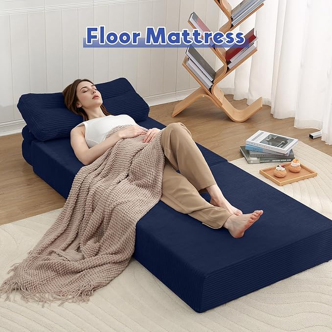 MeMoreCool Folding Sofa Bed Single – Convertible Sleeper Chair with Pillow Navy | Foldable Mattress Back Support Portable Fold Out Chair Bed Comfy Floor Sofa Lounge for Living Room Bedroom