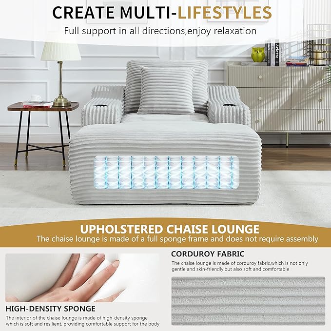 67inch Chaise Lounge Chair Indoor Upholstered Corduroy Couch with 2 PillowsComfy Fluffy Cloud CouchSingle Sleeper Sofa Chair for Livingroom (Light Gray 46.5W X 67D with Cup Holder)
