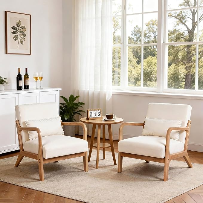 Mid Century Accent Chair Comfy Arm Chair with Solid Wood Frame Upholstered Modern Chair for Living Room Bedroom Waiting Room Beige