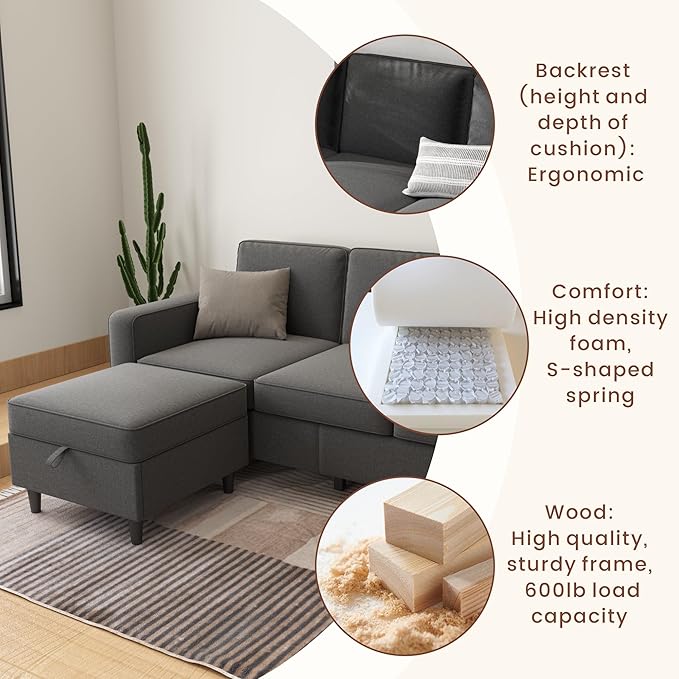 Sectional Couches for Living Room - Deep Seater Couch Living Room-Comfy L Shape Modular Sofawith Storage Chaise-Washable Covers-Suitable for Living RoomsApartmentsRooms and Offices-Dark Gray