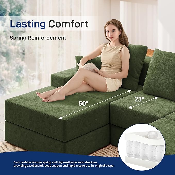 Living&ampGiving 101 U-Shaped Cloud Sectional Couch for Living Room Cloud Boneless Couch-No Assembly with Reversible Chaise Customizable 3-Seat Modular Sectional Sofa with 2 Ottoman Green