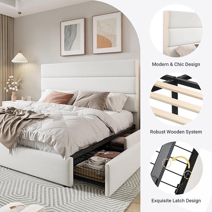 Allewie Modern Queen Size Platform Bed Frame with 4 Storage Drawers and Velvet Upholstered Headboard Wooden Slats Support Upholstered Mattress Foundation/No Box Spring Needed/Easy Assembly White