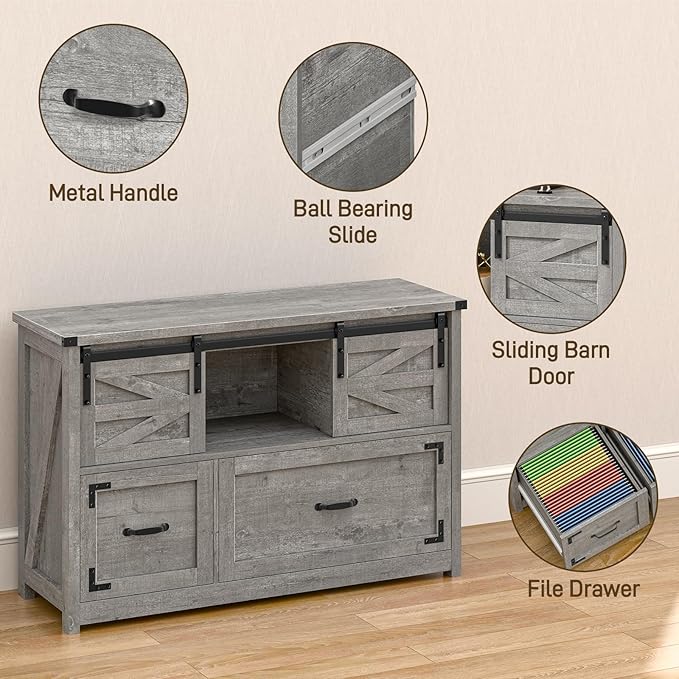 Vabches Lateral File Cabinets 2 Drawer with Sliding Barn Doors Farmhouse Filing Cabinet with 2 Drawer for Home OfficeFiling Organization Storage Cabinets for Hanging Files Letter/Legal/F4/A4.Grey
