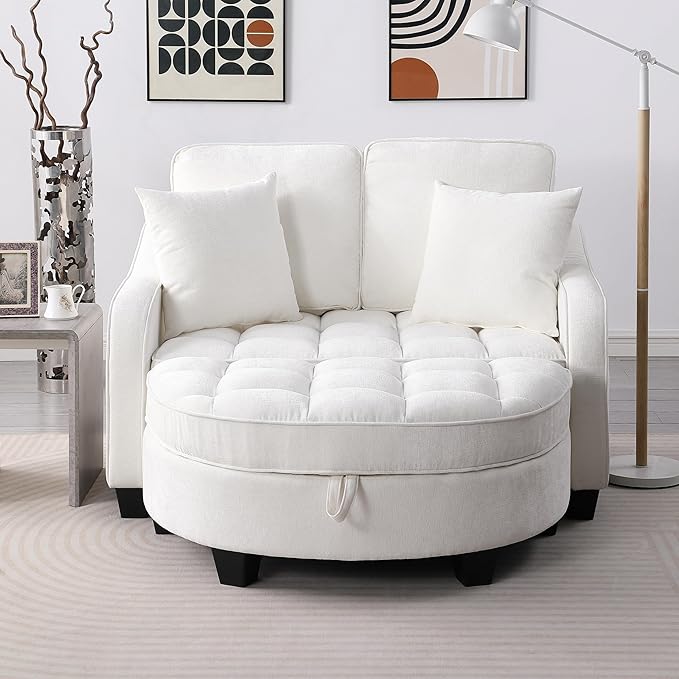 ERYE Chenille Tufted Loveseat Sofa and Ottoman Set Tufted Recliner Sleeper Chaise Lounge with Curved Storage OttomanReclining Backrest and Side Pockets 4 Pillows