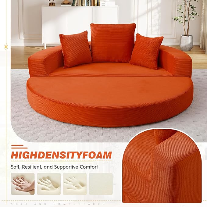 67” Oversized Round Sofa Bed 2 in 1 Convertible Circle Bed Folding Futon Lazy Floor Round Chaise Lounge Chair Comfy Corduroy Boneless Loveseat Couch for Living Room Apartment No Assembly (Orange)