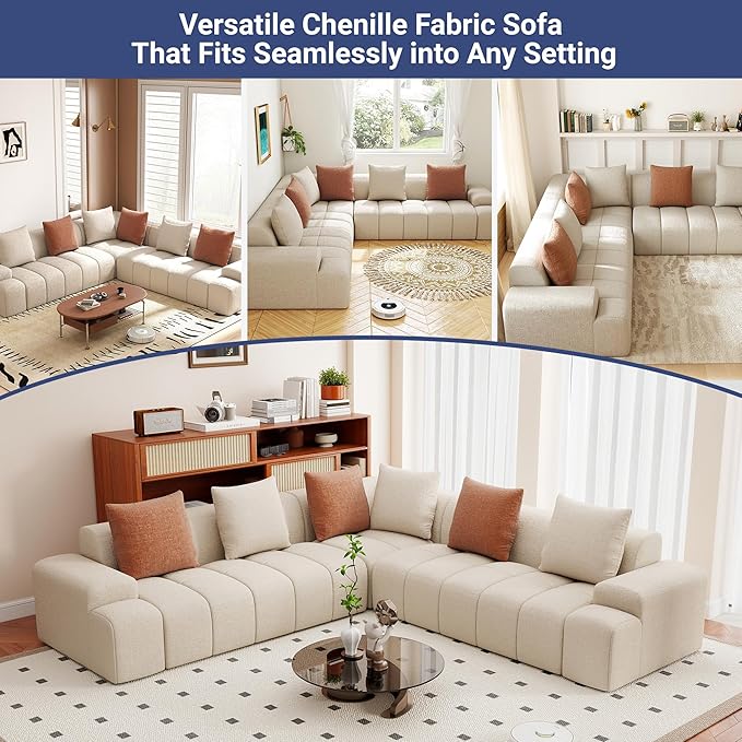 109'' L Shaped Modular Sectional Sofa Chenille Couch for Living Room Bedroom with 6 Cushions Convertible Beige