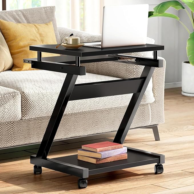 sogesfurniture Mobile Compact Computer Desk Cart for Small Spaces Portable Computer Desk Small Rolling Work Workstation for Home and Office with Printer Shelf Keyboard DrawersBlack