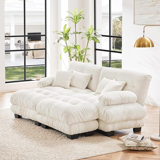 Modular Sectional Sofa Bed Chenille Comfy Cloud Couch with 2 Ottomans Sleeper Daybed with 2 Lumbar Pillows and 2 Throw Pillows Couches for Living Room (White 2 Seat + 2 Ottoman)