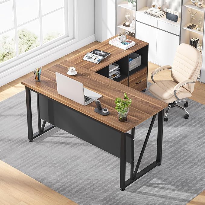 Tribesigns 55-Inch Executive Computer Desk with 43-Inch Lateral File Cabinet Large Workstation Business Furniture L Shaped Desk with Drawers and Storage Shelves for Home Office Walnut