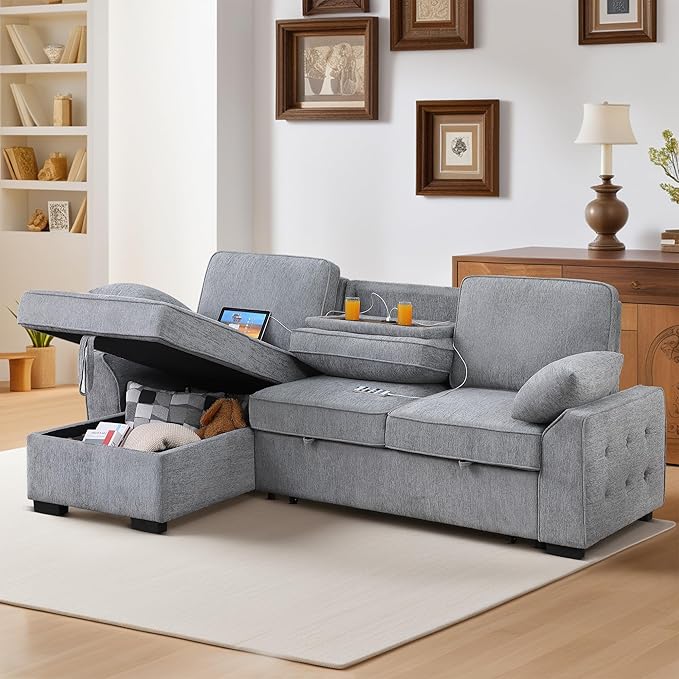 ERYE L-Shaped Pull Out Sleeper Couch Bed Modern Chenille Upholstered Button Tufted Corner Couch Reversible Sectional Sleeper Sofa Bed W/Storage Chaise Cup Holders