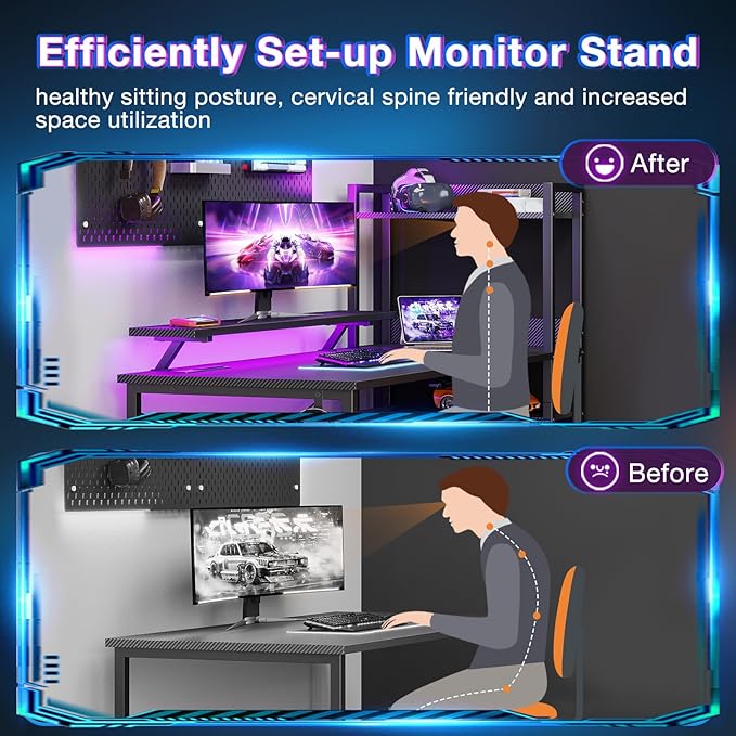 ODK Reversible Gaming Desk with Power Outlets and LED Lights 48 Inch Computer Desk with Storage Shelves and Monitor Stand Modern Writing Study Desk for Home Office Carbon Fiber Black