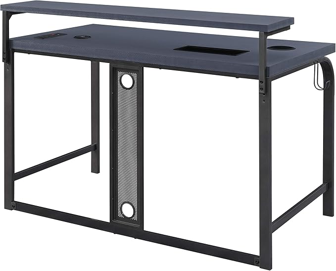 OSP Home Furnishings Reload Gaming Desk with Wireless Charging USB Power Hub and Remote Controlled RGB LED Lights Matte Grey Carbon Fiber