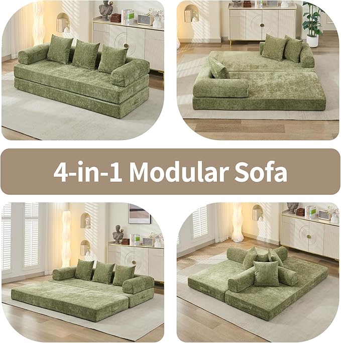 Convertible Sofa Bed 4-in-1 Floor Foldable Couch Bed with Armrests &amp Pillow Chenille Fabric No Assembly Required Comfy Memory Foam Couch Lounge Sofa for Living Room Green