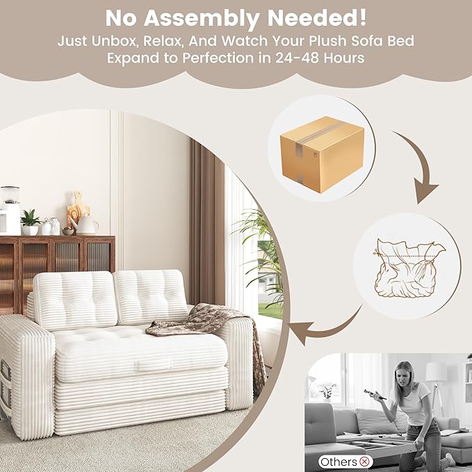Convertible Sofa Bed 2 in 1 Boneless Couch Bed with 2 Pillows Corduroy Pull out Couch Folding Sofa Bed with Deep Seat Small Loveseat Sleeper Sofa Bed in a Box for Small Spaces No Assembly Needed