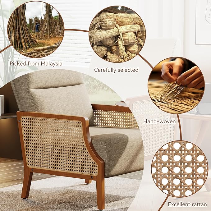 Aklaus Mid Century Accent Chair Set of 2 with Rattan Armrest Upholstered Living Room Chairs Lounge Fabric Reading Chairs Side Sitting Farmhouse Chair for Living Room Bedroom Balcony Grayish Brown