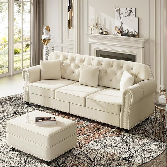 82.6 Deep Seat Chesterfield Sofa with Ottoman Mid-Century Modern Velvet Couch with Nailhead Trim Rolled Arm&amp 3 Pillows Comfy Tufted Upholstered 3 Seater Love Seat Couches for Living Room (Beig
