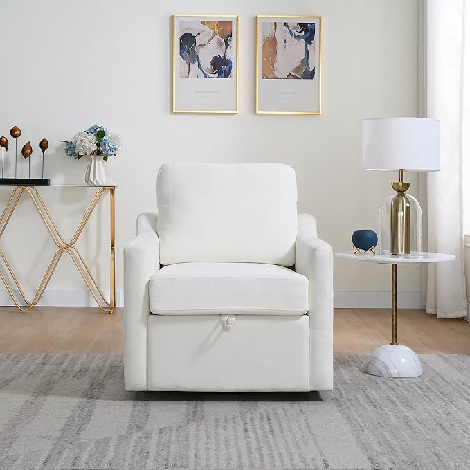 Swivel Accent Chair 360° Swivel Comfy Upholstered Seat for Living Room Bedroom Office with Hidden Storage &amp Dual USB-C Ports Chenille Fabric 300lbs Capacity White