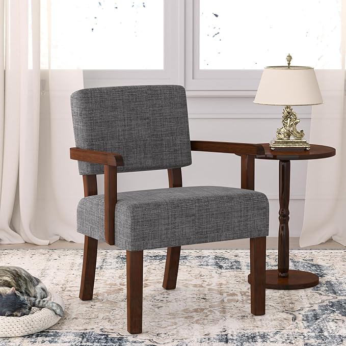 Mid Century Modern Accent ChairArmchairs with Solid Wood Frame and LegsUpholstered Reading Leisure Chair for Living RoomBedroomOfficeWaiting Room (Gray)
