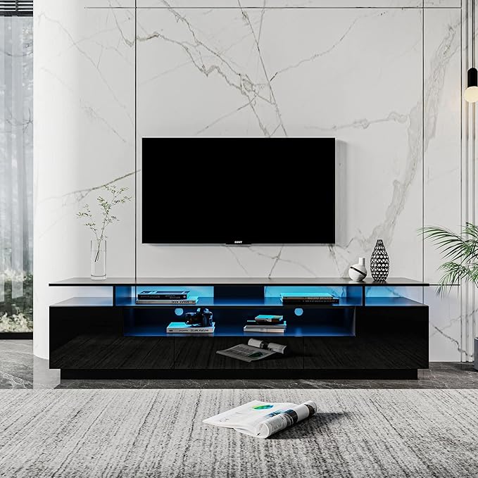 Yoglad TV Stand for TVs Up to 80 Inches Entertainment Center with LED Light Solid Media Console with Storage Drawers and Cabinet for Living Room(Black 76)
