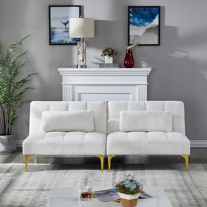 71 Sectional Sofa Bed Convertible Futon Couch with Adjustable Backrest Comfy Loveseat Sleeper with 2 Pillows Modern Armless Love Seat with Gold Metal Legs for Small Living Room Bedroom White